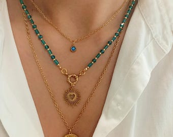 Boho Layered Necklace Gold – Multi-strand Pearl Necklace in Green or Blue – Heart Pendant Women's Jewelry