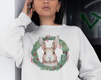 Bunny Wreath Christmas Sweatshirt, Cute Christmas Bunnies Shirt, Bunny Lover Xmas Shirt, Merry Christmas Rabbit Shirt, Christmas Bunny Gift