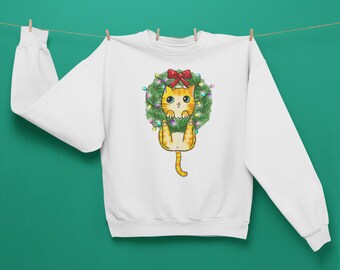 Cat Wreath Christmas Sweatshirt, Meowy Christmas Sweatshirt, Happy Cat Year Shirt, Funny Christmas Cat Shirt, Cat Lover Christmas Shirt