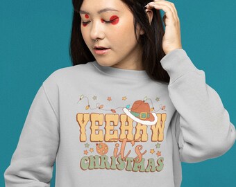 Yeehaw its Christmas Cowboy Santa Retro Vintage Sweatshirt Gift For Women, Christmas Sweater, Christmas Crewneck, Holiday Sweaters for Women