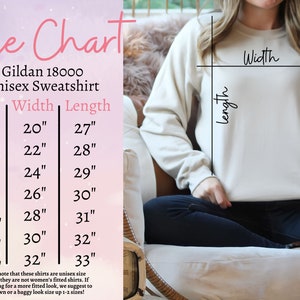 May include: Size chart for a Gildan 18000 unisex sweatshirt. The chart shows the width and length measurements in inches for sizes S through 4XL.