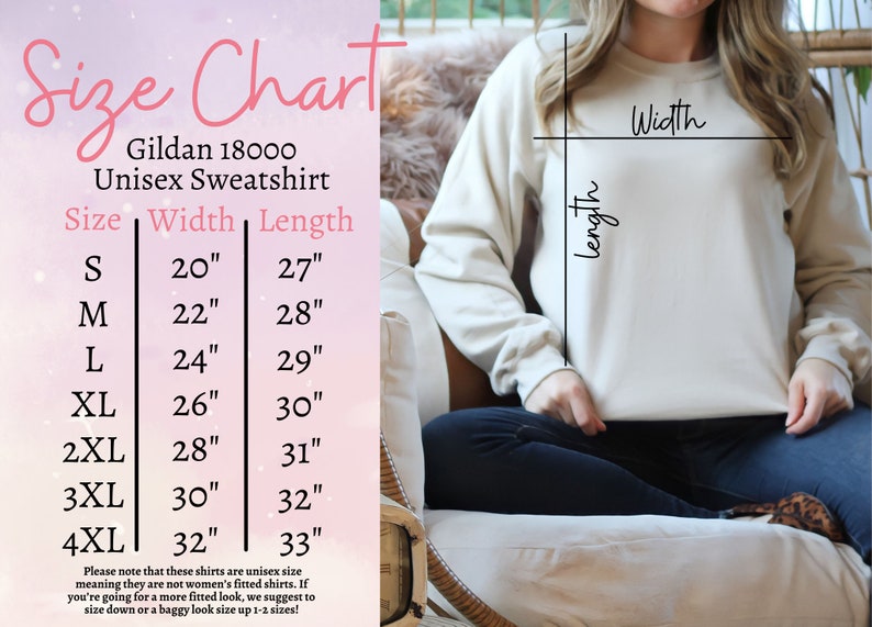 May include: Size chart for a Gildan 18000 unisex sweatshirt. The chart shows the width and length measurements in inches for sizes S through 4XL.