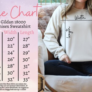 Op de afbeelding: Maattabel voor een Gildan 18000 unisex sweatshirt. De tabel toont de breedte- en lengtemaat in inches voor maten S tot en met 4XL.