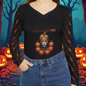 Halloween Women&#39;s V-Neck Shirt, Spooky Women&#39;s Shirt, Long Sleeve V-Neck, Spooky Women&#39;s Shirt, Fall Fashion V-Neck, Women&#39;s Top Long Sleeve