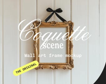 Coquette Bow Wall Art Mockup: Gold Antique Frame (PSD & JPG)
