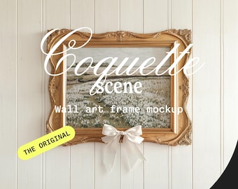 Coquette Wall Art Frame Mockup: Gold Vintage Bow (PSD & JPG)