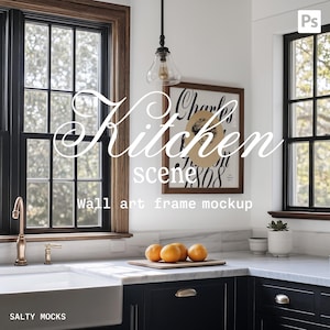 May include: A kitchen scene wall art frame mockup. The image features a white sink, black cabinets, and a framed poster. Oranges are on a wooden chopping board. The windows have black frames and brown trim. The text "Kitchen Scene" is displayed.