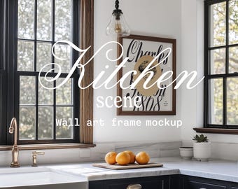 Mockup di decorazione murale per cucina: mobili neri, interni in granito (PSD, JPG)