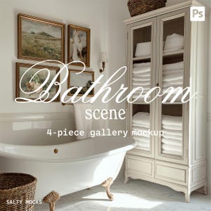 May include: A white bathroom scene with a freestanding bathtub, a white linen cabinet with glass doors, and four framed pictures on the wall. The cabinet is filled with white towels. The text "Bathroom scene 4-piece gallery mockup" is written in white on a white background.