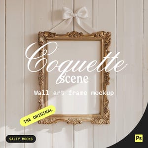 Antique Coquette White Bow Wall Art Mockup | 5x7 Gold Vintage Frame | Full Frame or Mat Editable Vertical PSD Photoshop JPG | SaltyMocks
