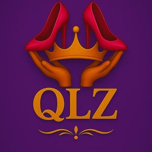 Può includere: Grafica stilizzata con due scarpe col tacco rosse, una corona dorata e due mani arancioni su sfondo viola. Le lettere dorate "QLZ" con un ornamento decorativo sotto.