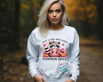 Fall PNG, Pumpkin Spice png, Girl who loves Pumpkin Spice png, Fall Raccoon Pink, Fall shirt designs, Cute Raccoon png, Just a Girl design