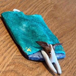 Porcelain whippet, laying under a blanket, greyhound, lurcher, podenco, sighthound, Italian Greyhound, Galgo. Unique, handmade/decorated.