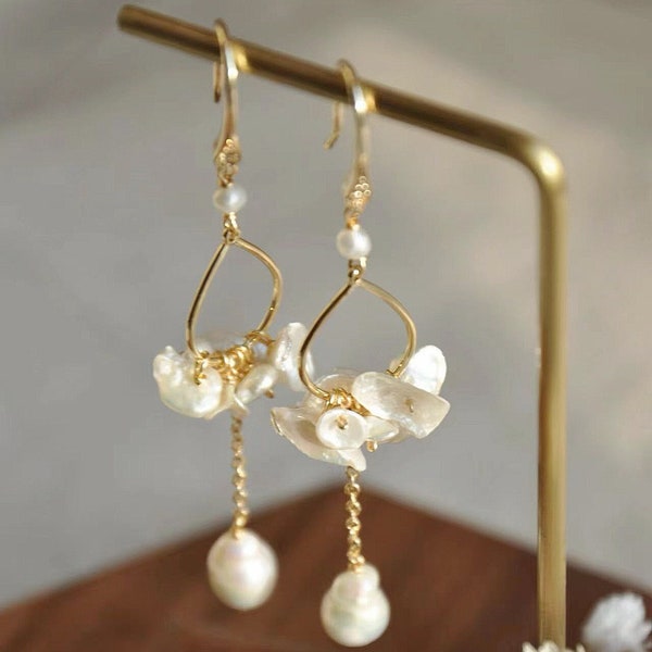 14k GF Hoop | Freshwater Pearl Earring | Petal Keshi Pearl earrings I Long Pearl Drop Earring | Wedding Earrings | Holiday Jewelry |