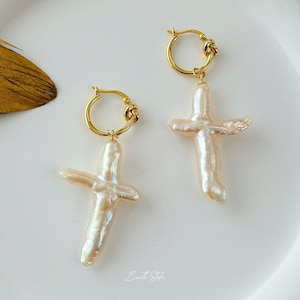 Pearl Cross Earrings | Gold vermeil Hoop Earrings  Freshwater Pearl Dangle Earrings | Cross Earrings | Statement earrings| Gift for her|