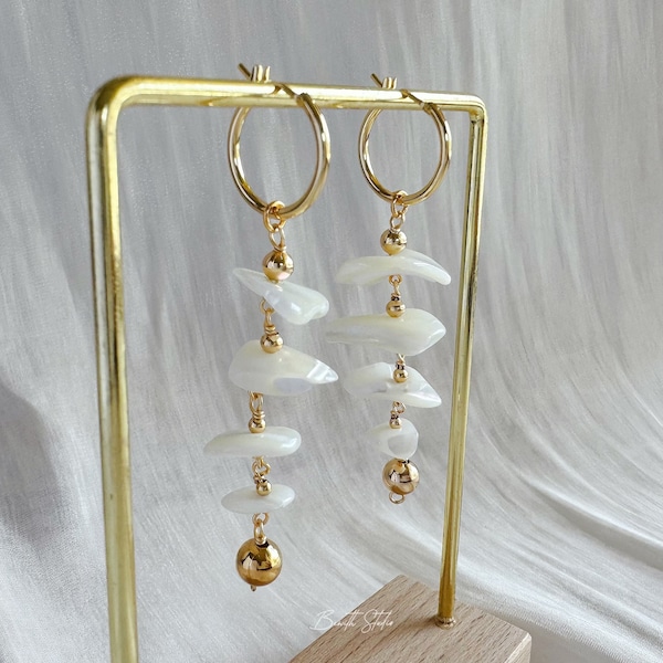 White Shell Earrings| Hoop Earrings | Irregular Shell Earrings | Long Shell Dangle Earring |Gift for her|  Anniversary gift