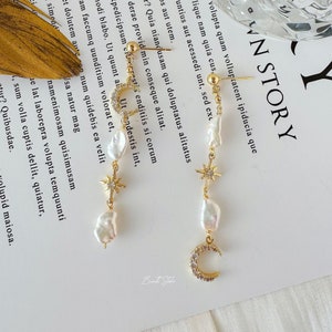 Celestial Statement Earrings with Moon, Star, and Pearls - Boho Luxe