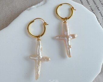 Pearl Cross Earrings | Gold vermeil Hoop Earrings  Freshwater Pearl Dangle Earrings | Cross Earrings | Statement earrings| Gift for her|