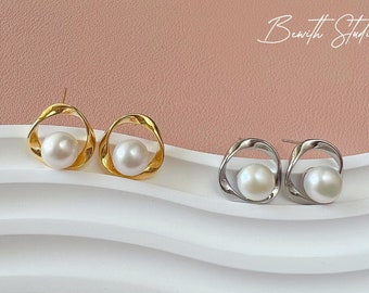 Orecchini di perle a forma di bottone / Orecchini pendenti di perle d'acqua dolce / Vermeil d'oro / Nastro / Orecchino da sposa / Gioielli da sposa / Regalo di anniversario