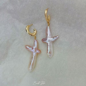 Pearl Cross Earrings Freshwater Pearl Dangle Earrings Chunky Cross Earrings Statement earrings Gift for her image 5