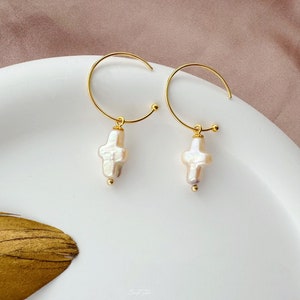 Baroque freshwater Cross Pearl | Hoop Earrings |Religious Jewelry | Gold vermeil Earrings |Gift for her | Pearl Cross Charm | Cross Jewelry