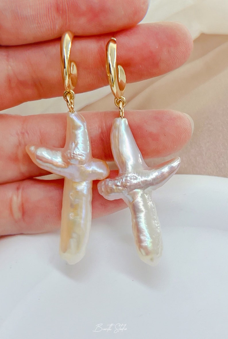 Pearl Cross Earrings Freshwater Pearl Dangle Earrings Chunky Cross Earrings Statement earrings Gift for her image 2
