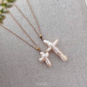 Mother Daughter Pearl Cross Necklace Set: Baroque Freshwater Pearl, Titanium Steel