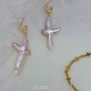 Pearl Cross Earrings Freshwater Pearl Dangle Earrings Chunky Cross Earrings Statement earrings Gift for her image 9