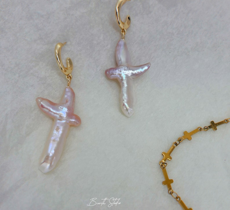 Pearl Cross Earrings Freshwater Pearl Dangle Earrings Chunky Cross Earrings Statement earrings Gift for her image 9