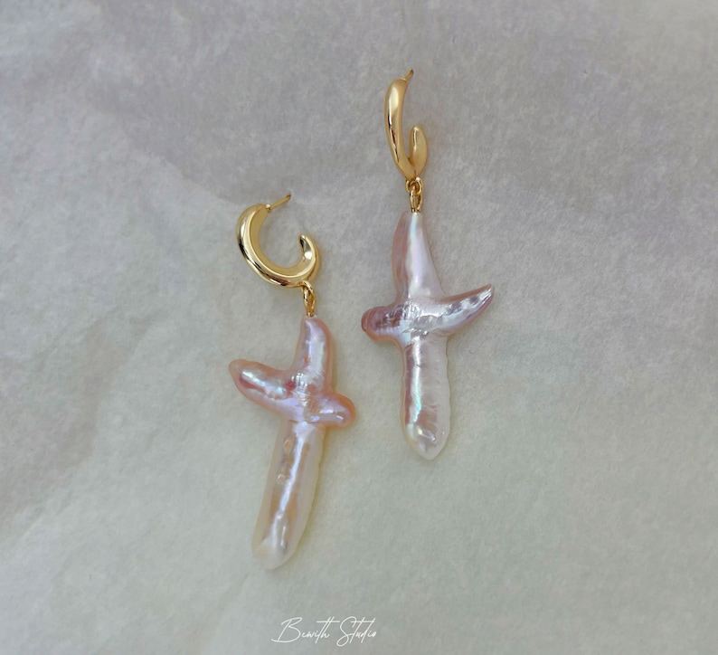 Pearl Cross Earrings Freshwater Pearl Dangle Earrings Chunky Cross Earrings Statement earrings Gift for her image 8