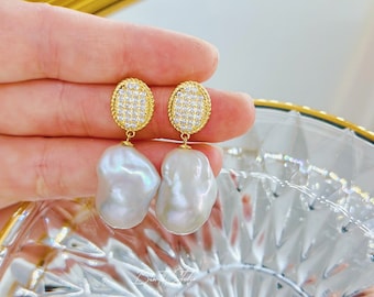 AAA + | Large baroque pearlI Flameball white pearl | Dangling earrings| Wedding Jewelry | Anniversary Gift | Mother's Day Gift