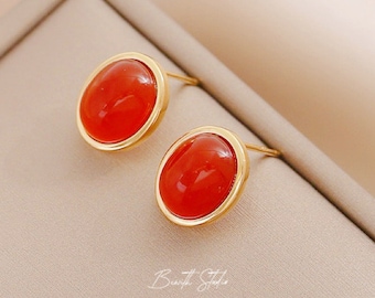 Oval Red Agate Stud Earrings | Oval Red Agate Stud Earrings | Gold-Plated Sterling Silver Earrings | Gift for her|