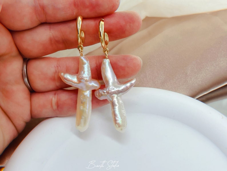 Pearl Cross Earrings Freshwater Pearl Dangle Earrings Chunky Cross Earrings Statement earrings Gift for her image 7