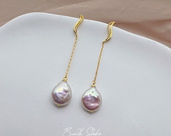 Tear Drop Button Pearl Earring | Freshwater Pearl Earring | Gold Vermeil| Sliver I Long Pearl Drop Earring | Gift for her |