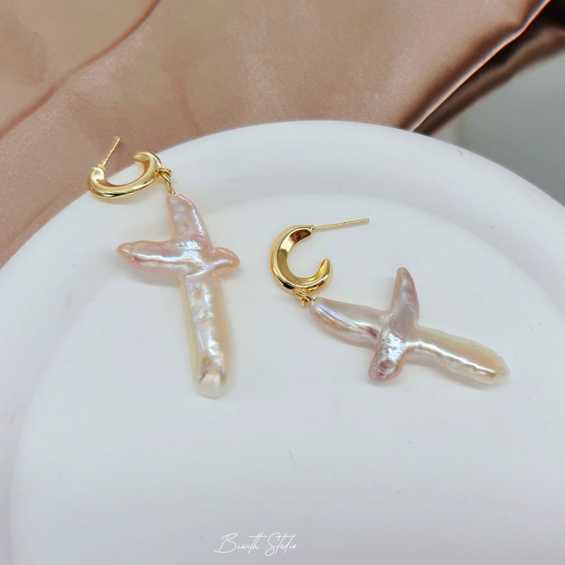 Pearl Cross Earrings Freshwater Pearl Dangle Earrings Chunky Cross Earrings Statement earrings Gift for her image 6