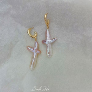 Pearl Cross Earrings Freshwater Pearl Dangle Earrings Chunky Cross Earrings Statement earrings Gift for her image 3
