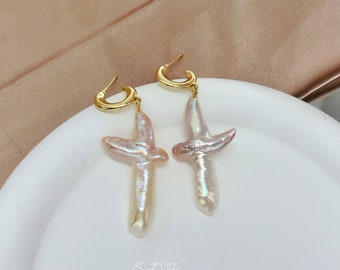 Pendientes de cruz de perlas / Pendientes colgantes de perlas de agua dulce / Pendientes de cruz gruesa / Pendientes de declaración / Regalo para ella/