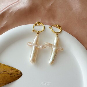 Gold Pearl Cross Earrings main image 1