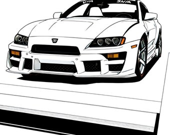 May include: A white sports car with a black and white stripe on the bonnet and a black spoiler. The car has a large front bumper with a black grille and a white emblem. The car is sitting on a white surface.
