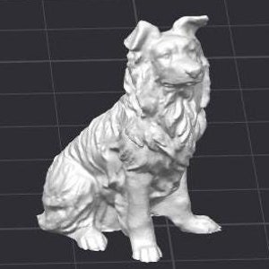 May include: A white ceramic sculpture of a dog sitting with its head tilted to the side. The dog has a fluffy tail and a long snout.
