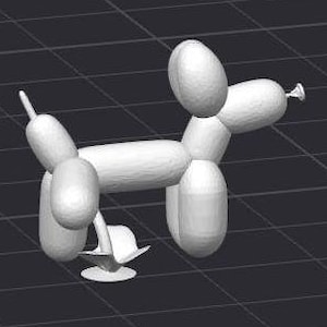 May include: A white balloon animal shaped like a dog with a small tail. The dog is standing on a black and white grid surface.