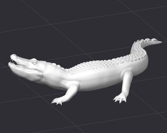 May include: A white alligator figurine with a textured, scaly body and an open mouth. The figurine is posed in a walking position with its tail raised.