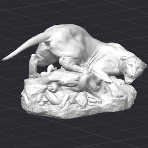 May include: A white ceramic sculpture of a panther attacking a snake and other smaller animals. The sculpture is set on a rocky base.