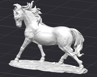 May include: A white, detailed sculpture of a horse in a walking pose. The horse has a flowing mane and tail, and is mounted on a textured base. The sculpture is set against a dark, grid-patterned background.
