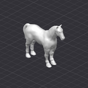 May include: A white horse figurine standing on a dark gray grid background.