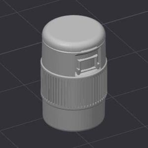 May include: A cylindrical, gray plastic object with a ridged lower section and a smooth, rounded top. The middle section features a rectangular design. The object appears to be a cap or cover, possibly for a bottle or container.