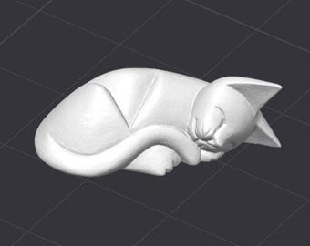May include: A white sculpture of a sleeping cat, curled up with its tail wrapped around its body. The cat's head rests on its paws. The sculpture has a smooth finish and is set against a dark background with a grid pattern.