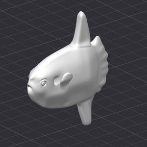 May include: A white, 3D printed model of a mola mola, also known as an ocean sunfish. The model is detailed with realistic features, including the fish's large, flat body, small mouth, and fins.