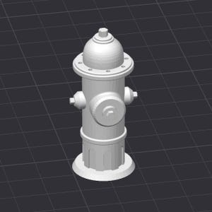 May include: A 3D-rendered, light gray fire hydrant. The hydrant has a rounded top, two side nozzles, and a base. The hydrant is a common sight in urban environments and is used by firefighters to access a water supply.