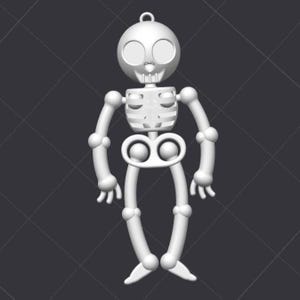 May include: A white, 3D-printed skeleton figurine with a round head, large eye sockets, and articulated limbs. The skeleton has a loop at the top for hanging and is set against a dark gray background. This Halloween-themed decoration is approximately 5 inches tall.
